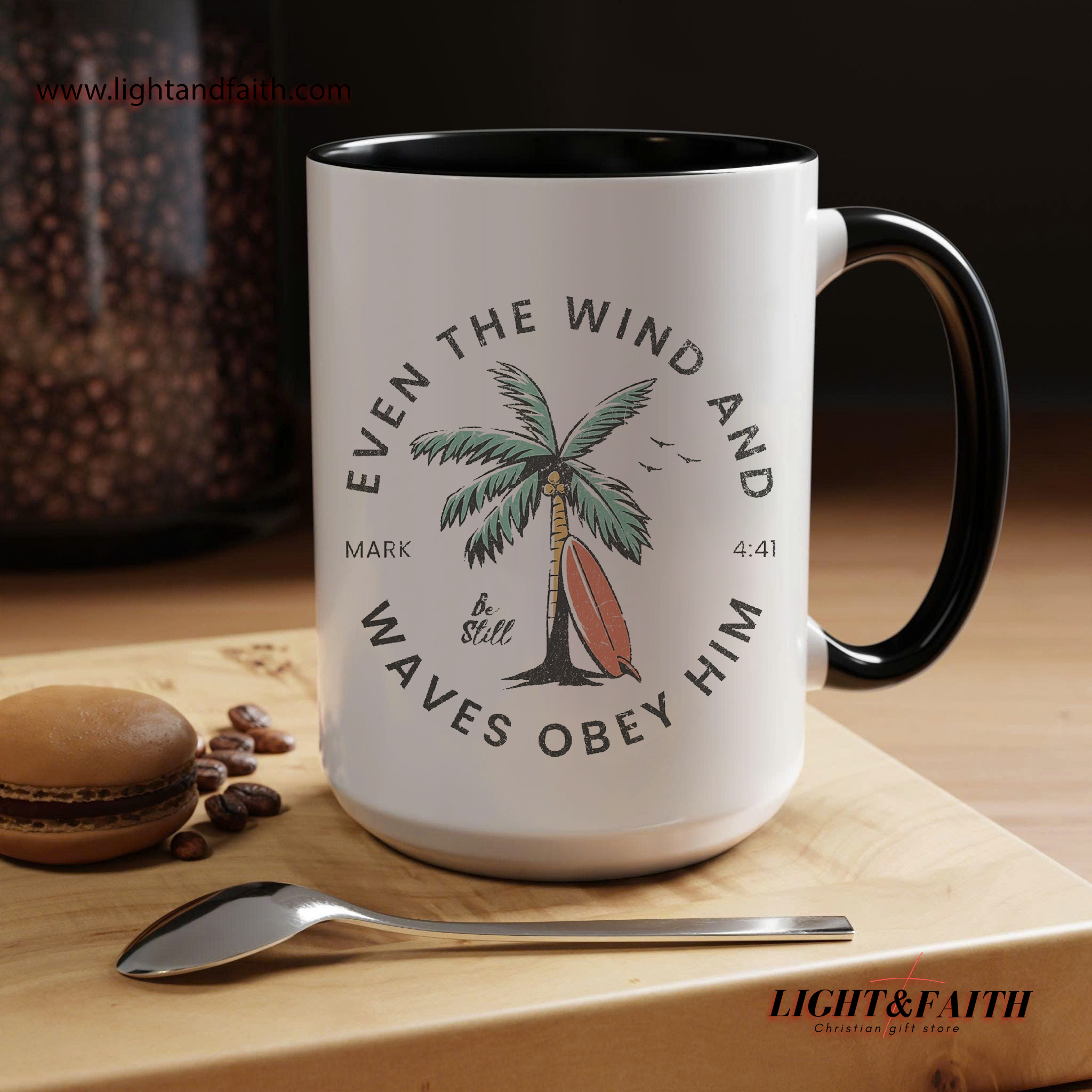 Even the Wind and Waves Obey Him Mug – Mark 441 Scripture Coffee Cup, Christian Beach Mug, Faith-Based Surf & Palm Tree Design MULAF04